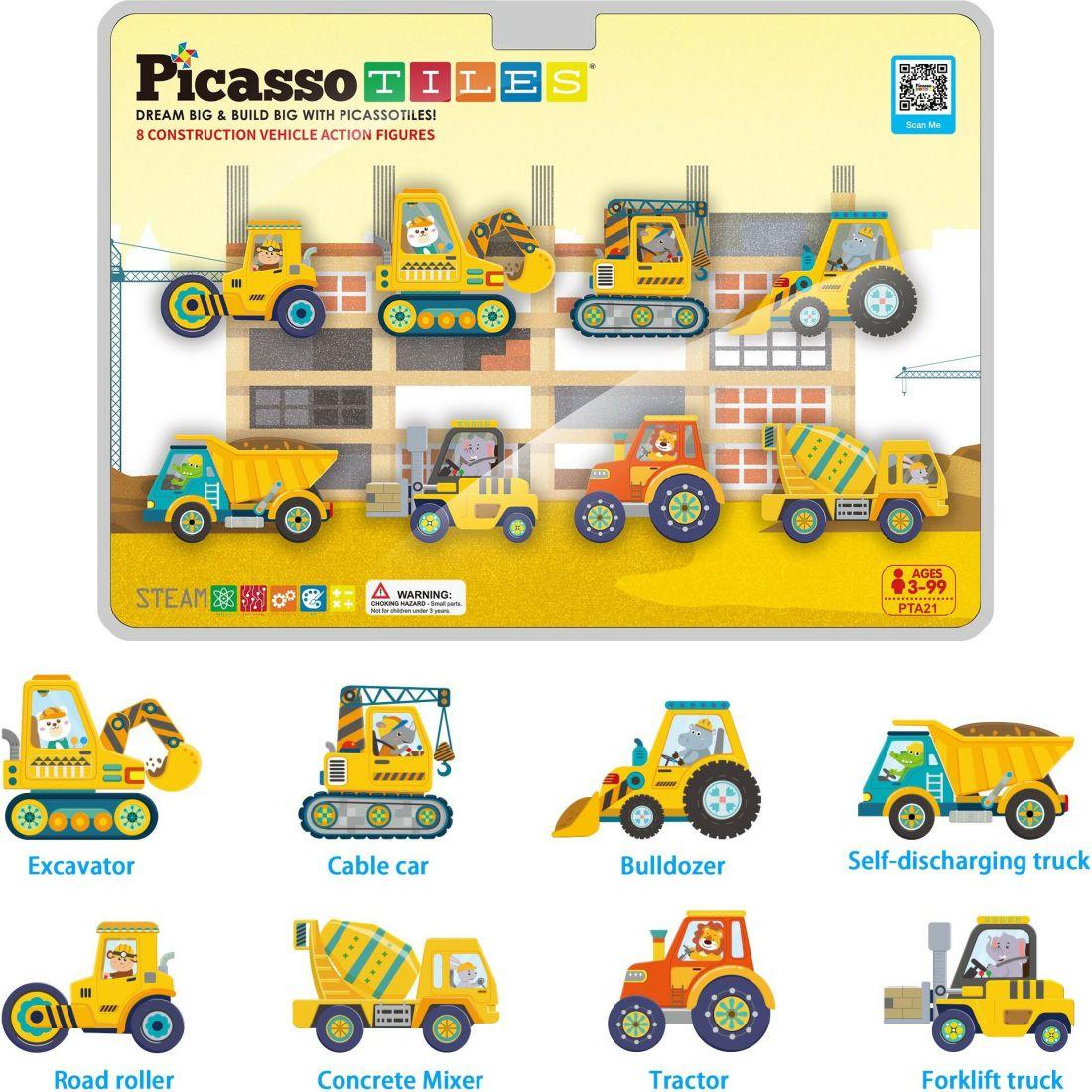 8Pc Magnet Building Tile Blocks Addon 8 Magnetized Action Figures Construction Vehicle Zoo Animal Theme – Pta21 | STEM Toys Kids Multi