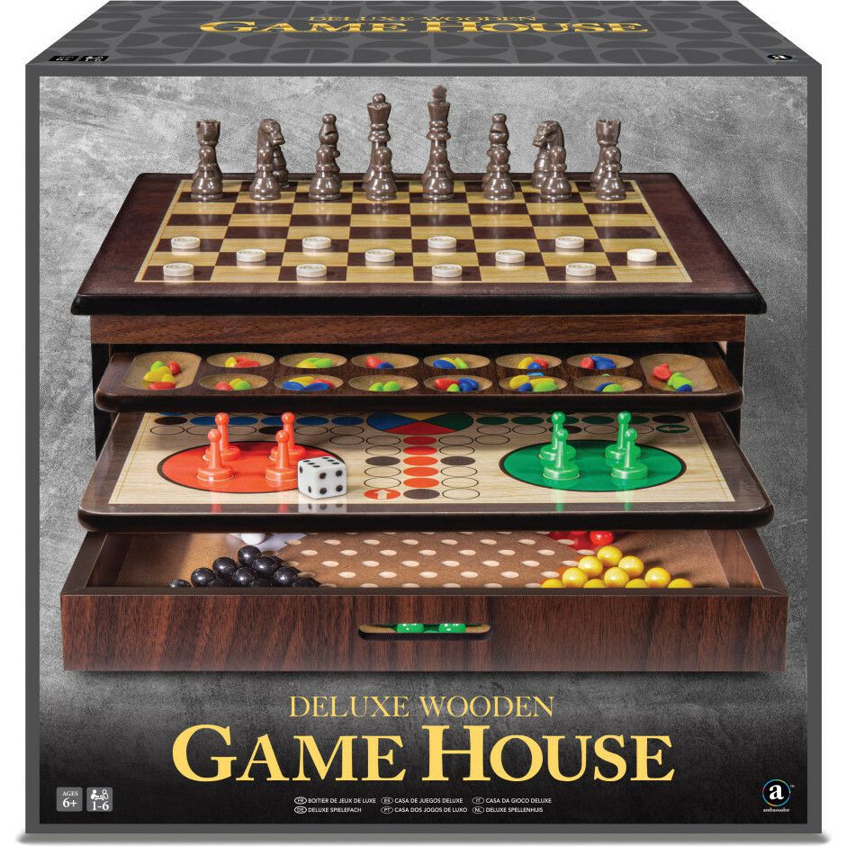 Craftsman Deluxe Wooden Game House W/ Chess, Checkers, Backgammon, Mancala, Snakes & Ladders, Chinese Checkers And More | Games Games Games