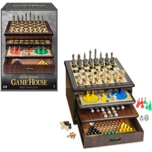 Craftsman Deluxe Wooden Game House W/ Chess, Checkers, Backgammon, Mancala, Snakes & Ladders, Chinese Checkers And More | Games Games Games