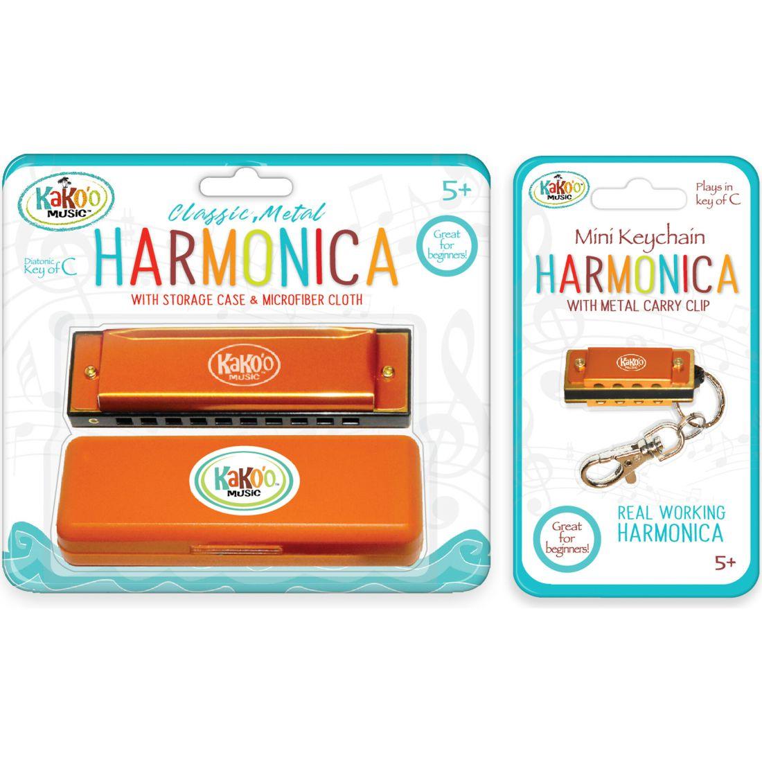 Kako’O Harmonica And Mini Harmonica With Bonus Cloth, Orange | Musical Kids Musical