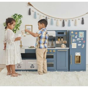 Little Chef Atlanta Large Modular Play Kitchen – Stone Blue/Gold | Play Kitchens Kids Play Kitchens