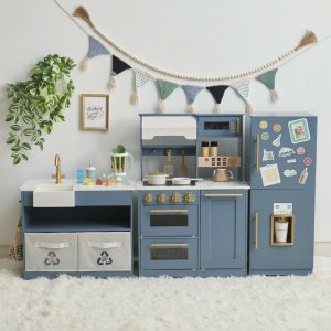 Little Chef Atlanta Large Modular Play Kitchen – Stone Blue/Gold | Play Kitchens Kids Play Kitchens