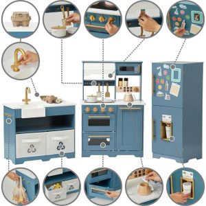 Little Chef Atlanta Large Modular Play Kitchen – Stone Blue/Gold | Play Kitchens Kids Play Kitchens