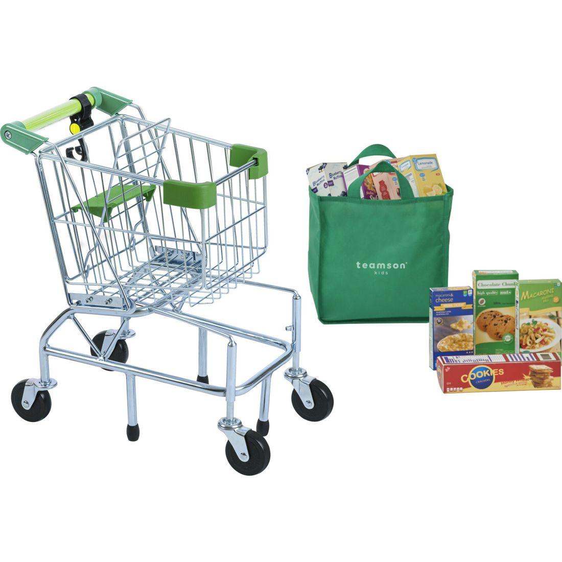 Little Helper Dallas Shopping Cart With Play Food – Chrome/Green | Play Food & Accessories Kids Play Food & Accessories