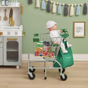 Little Helper Dallas Shopping Cart With Play Food – Chrome/Green | Play Food & Accessories Kids Play Food & Accessories