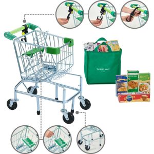 Little Helper Dallas Shopping Cart With Play Food – Chrome/Green | Play Food & Accessories Kids Play Food & Accessories