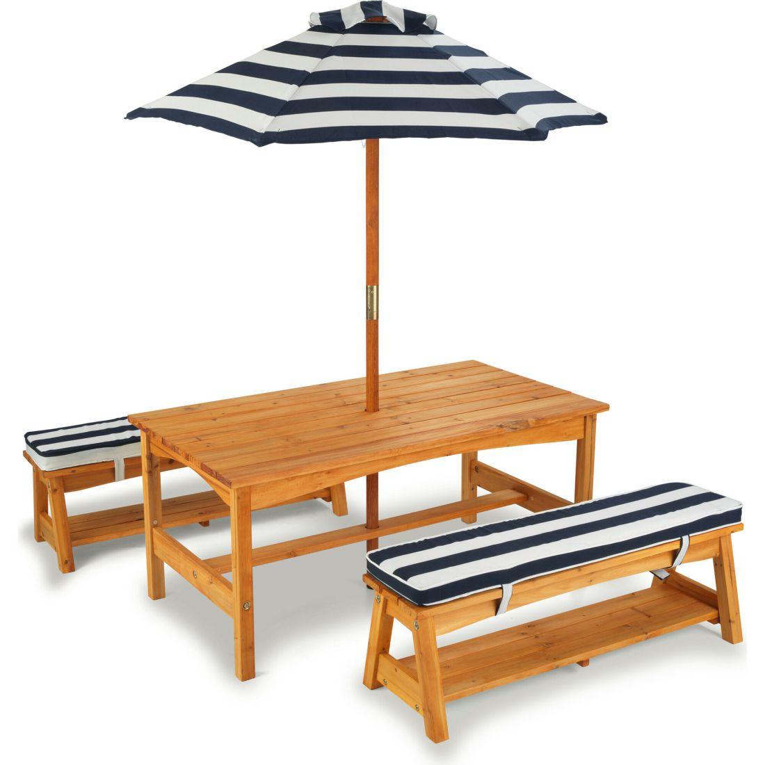 Outdoor Table And Bench Set With Cushions And Umbrella, Navy/White Stripes | Yard & Lawn Games Outdoor Tan