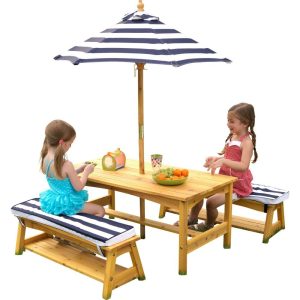 Outdoor Table And Bench Set With Cushions And Umbrella, Navy/White Stripes | Yard & Lawn Games Outdoor Tan