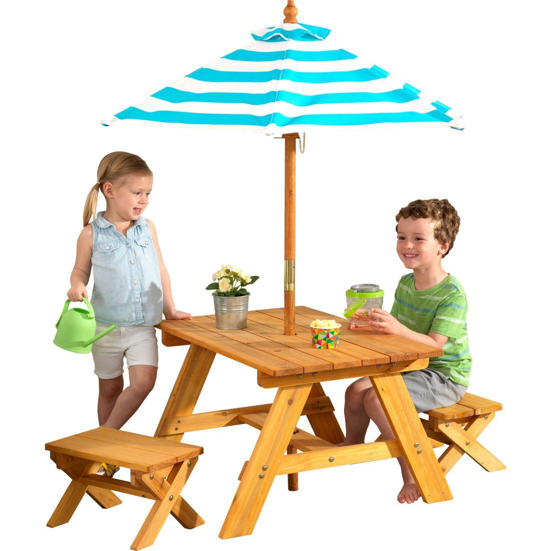 Outdoor Table And Bench Set With Umbrella, Turquoise/White | Yard & Lawn Games Outdoor Tan