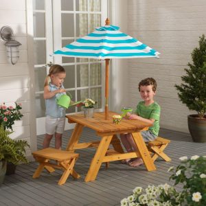 Outdoor Table And Bench Set With Umbrella, Turquoise/White | Yard & Lawn Games Outdoor Tan