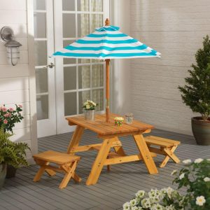 Outdoor Table And Bench Set With Umbrella, Turquoise/White | Yard & Lawn Games Outdoor Tan