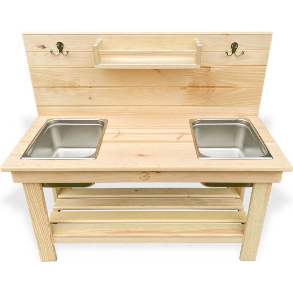 Pine Double Sink Mud Kitchen, Light Brown | Yard & Lawn Games Outdoor Natural