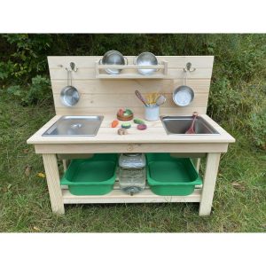 Pine Double Sink Mud Kitchen, Light Brown | Yard & Lawn Games Outdoor Natural