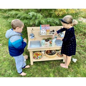 Pine Double Sink Mud Kitchen, Light Brown | Yard & Lawn Games Outdoor Natural