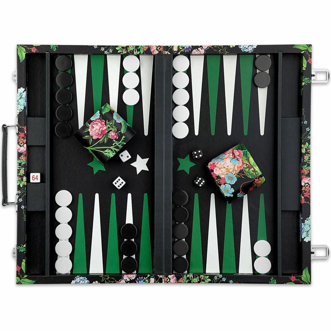 Printed Leather Backgammon Set, Black Flowers | Games Games Black