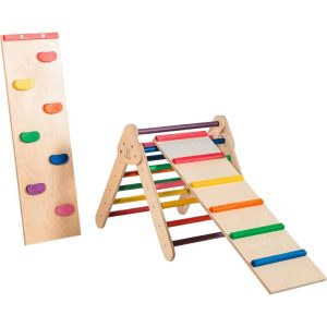 Rainbow Climbing Triangle With Ladder And Rock Wall, Starter Size | Play Room Kids Multi