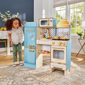 Retro Cool Wooden Play Kitchen With Lights, Sounds And 20 Accessories | Play Kitchens Kids Multi