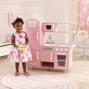 Vintage Wooden Play Kitchen With Working Knobs, Pink | Play Kitchens Kids Pink