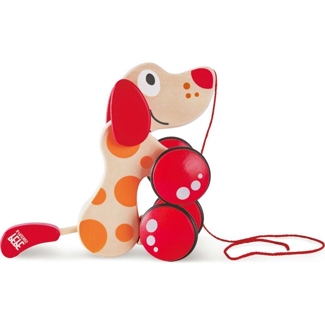 Walk-A-Long Pepe Puppy, Red & Orange Wooden Pull Toy | Push & Pull Baby & Toddler Multi