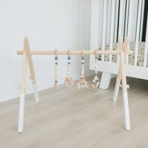 White Wood Gym With Gray Toys | Activity Gyms & Playmats Activity Gyms & Playmats Activity Gyms & Playmats