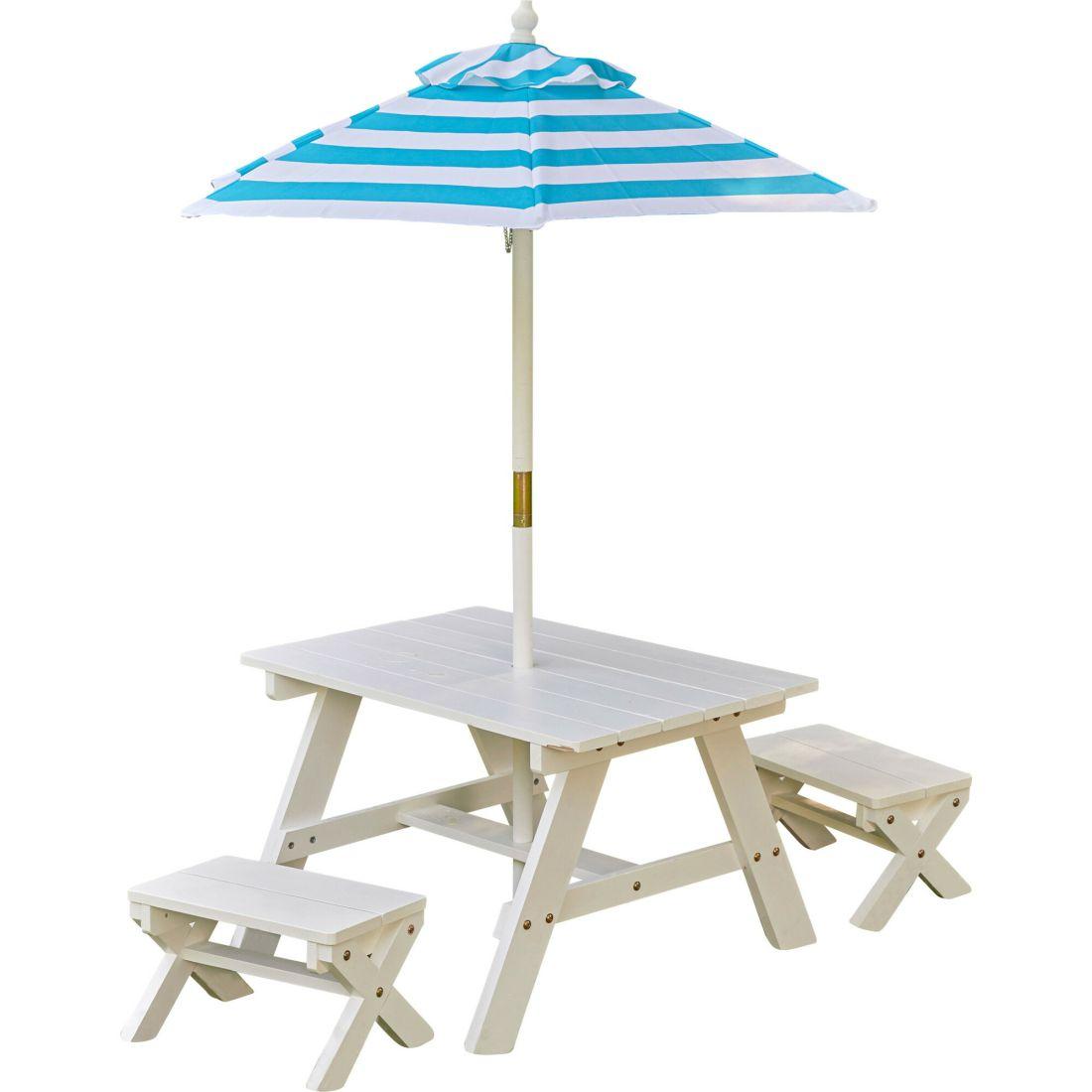 Wooden Outdoor Table & Bench, Children’S Furniture, White With Turquoise & White Umbrella | Dollhouses & Accessories Kids Dollhouses & Accessories