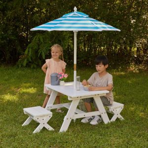 Wooden Outdoor Table & Bench, Children’S Furniture, White With Turquoise & White Umbrella | Dollhouses & Accessories Kids Dollhouses & Accessories